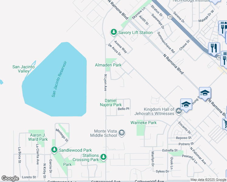 map of restaurants, bars, coffee shops, grocery stores, and more near 669 North Lyon Avenue in San Jacinto
