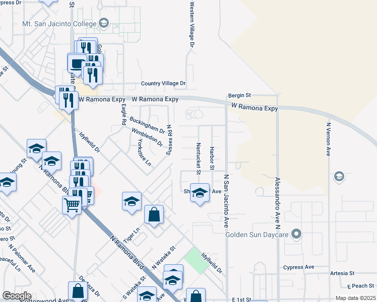 map of restaurants, bars, coffee shops, grocery stores, and more near 266 Galley Court in San Jacinto