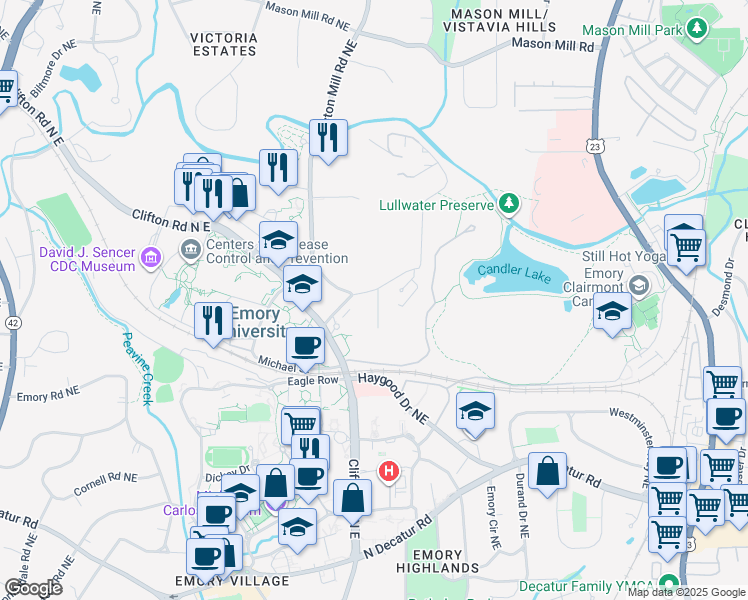 map of restaurants, bars, coffee shops, grocery stores, and more near 727 Luckie Lane Northeast in Atlanta