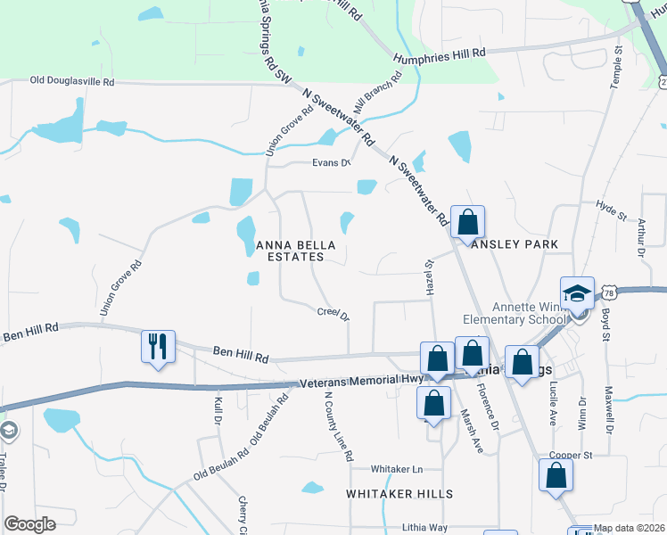 map of restaurants, bars, coffee shops, grocery stores, and more near 3940 Janet Street in Lithia Springs