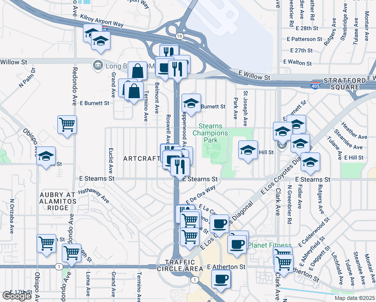 map of restaurants, bars, coffee shops, grocery stores, and more near 2254 Pepperwood Avenue in Long Beach