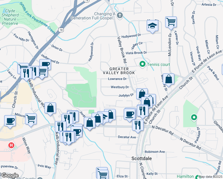 map of restaurants, bars, coffee shops, grocery stores, and more near 2949 Westbury Drive in Decatur