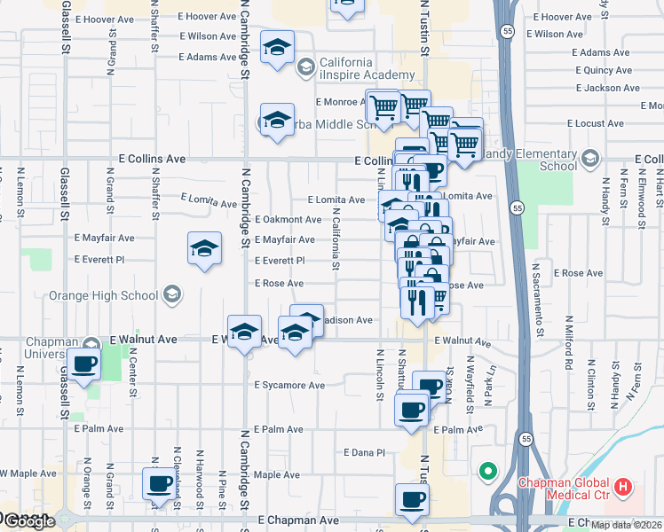 map of restaurants, bars, coffee shops, grocery stores, and more near 1306 East Everett Place in Orange