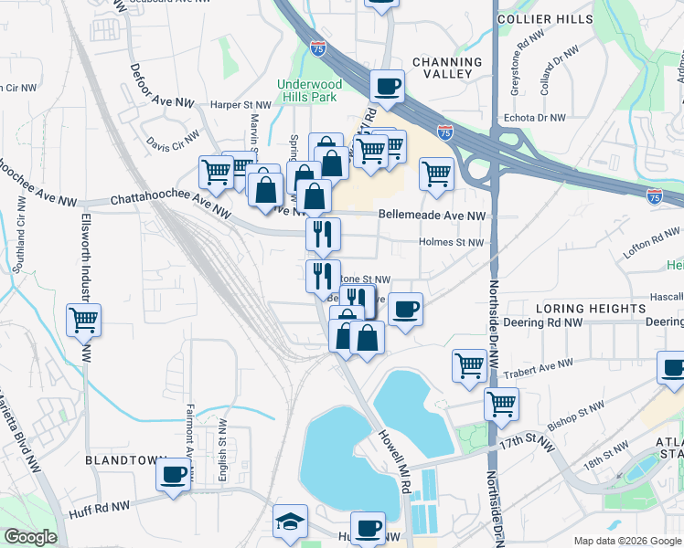 map of restaurants, bars, coffee shops, grocery stores, and more near 815 Antone Street Northwest in Atlanta