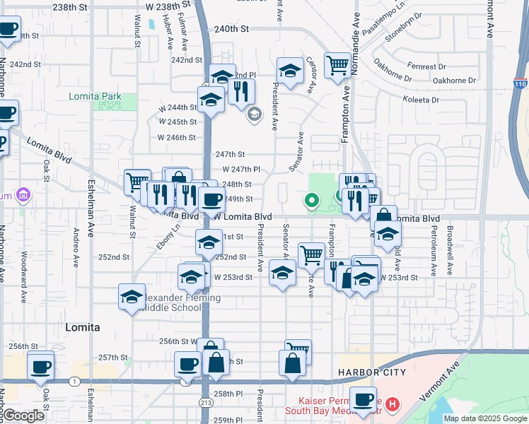 map of restaurants, bars, coffee shops, grocery stores, and more near 1535 Lomita Boulevard in Los Angeles
