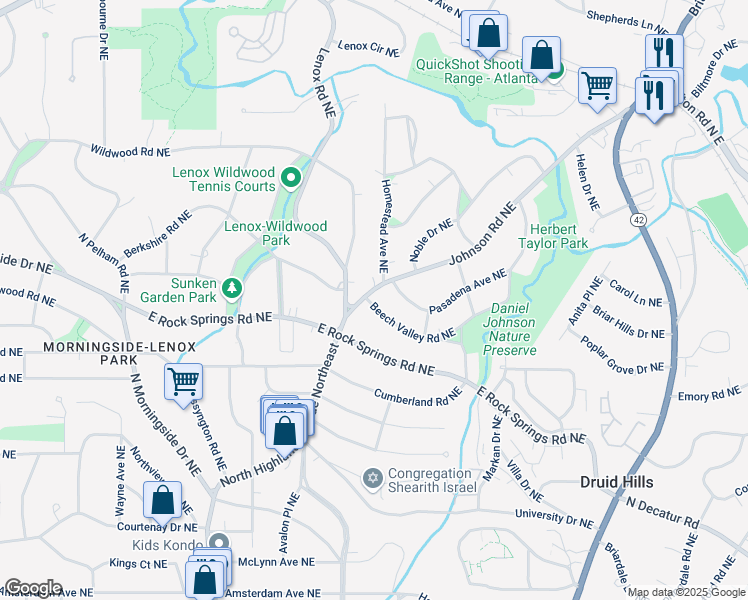 map of restaurants, bars, coffee shops, grocery stores, and more near 1184 Beech Valley Road Northeast in Atlanta