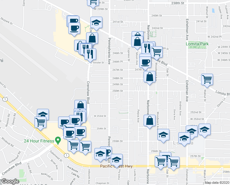map of restaurants, bars, coffee shops, grocery stores, and more near 2354 250th Street in Lomita