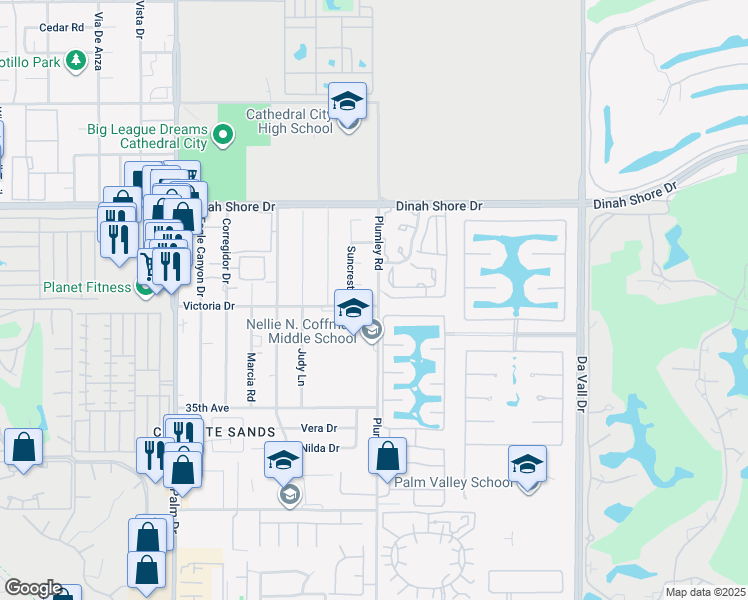 map of restaurants, bars, coffee shops, grocery stores, and more near 69480 Victoria Drive in Cathedral City