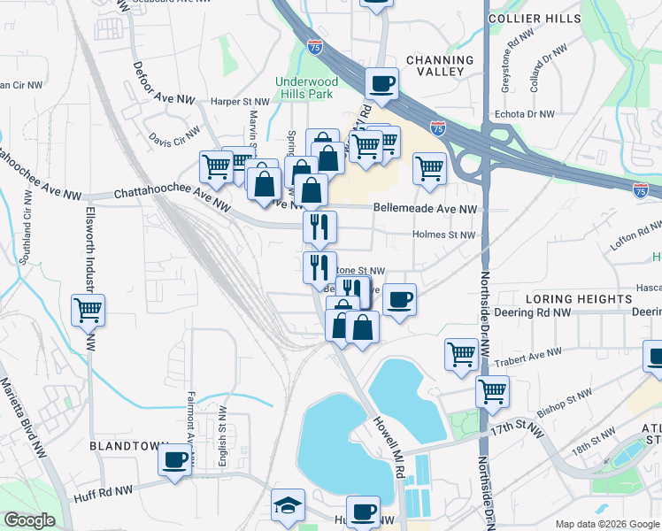 map of restaurants, bars, coffee shops, grocery stores, and more near 815 Antone Street Northwest in Atlanta