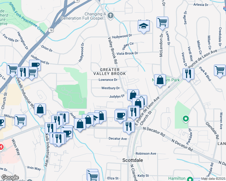 map of restaurants, bars, coffee shops, grocery stores, and more near 2985 Westbury Drive in Decatur