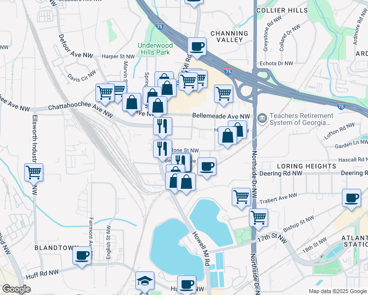 map of restaurants, bars, coffee shops, grocery stores, and more near 777 Antone Street Northwest in Atlanta