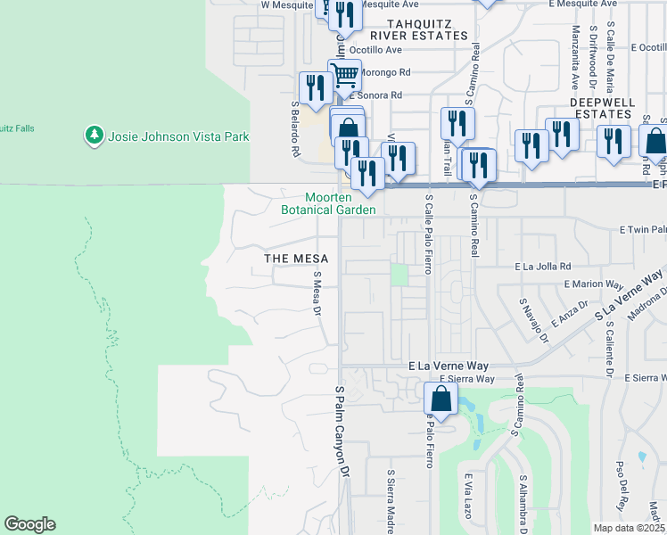 map of restaurants, bars, coffee shops, grocery stores, and more near 16 Tiki Drive in Palm Springs