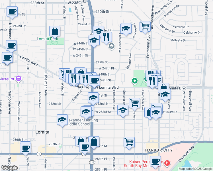 map of restaurants, bars, coffee shops, grocery stores, and more near 1611 Lomita Boulevard in Los Angeles