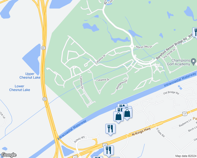 map of restaurants, bars, coffee shops, grocery stores, and more near 6095 Catalina Drive in North Myrtle Beach