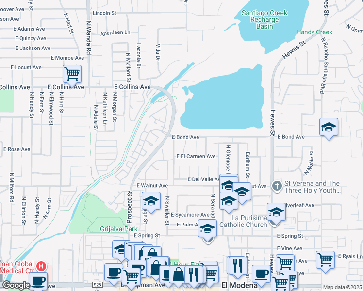map of restaurants, bars, coffee shops, grocery stores, and more near 662 North James Street in Orange