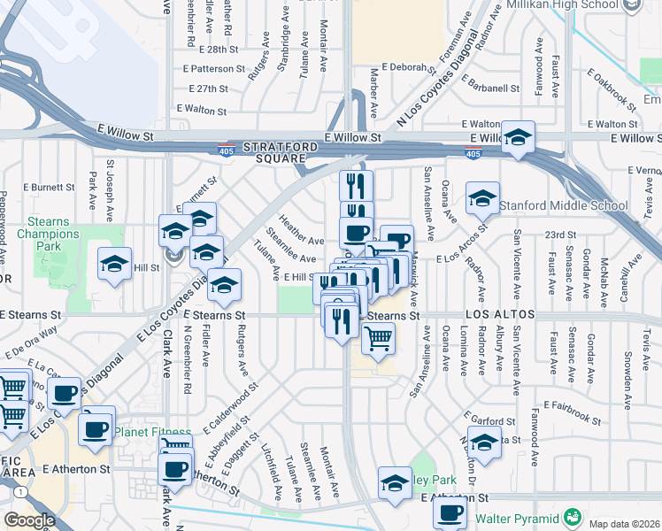 map of restaurants, bars, coffee shops, grocery stores, and more near 2248 Montair Avenue in Long Beach
