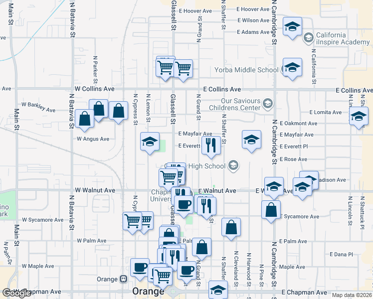 map of restaurants, bars, coffee shops, grocery stores, and more near 200 East Everett Place in Orange