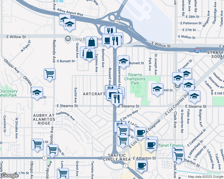 map of restaurants, bars, coffee shops, grocery stores, and more near 2254 Roswell Avenue in Long Beach
