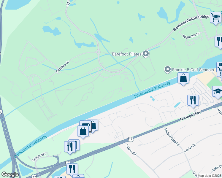 map of restaurants, bars, coffee shops, grocery stores, and more near 2180-6 Waterview Drive in North Myrtle Beach