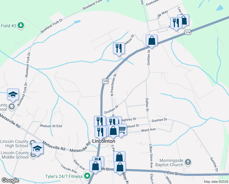 map of restaurants, bars, coffee shops, grocery stores, and more near 314 North Peachtree Street in Lincolnton