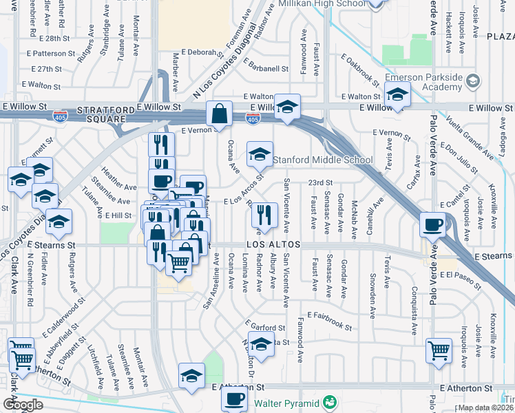 map of restaurants, bars, coffee shops, grocery stores, and more near 2260 Radnor Avenue in Long Beach