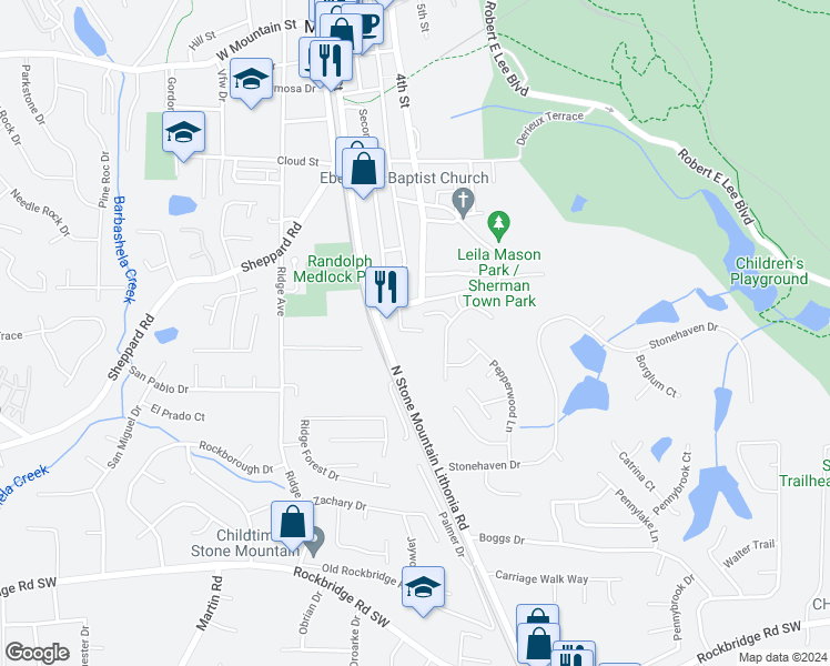 map of restaurants, bars, coffee shops, grocery stores, and more near 5429 McCurdy Avenue in Stone Mountain