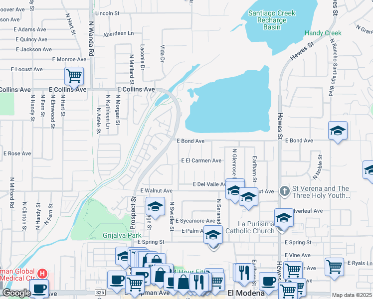 map of restaurants, bars, coffee shops, grocery stores, and more near 662 North James Street in Orange