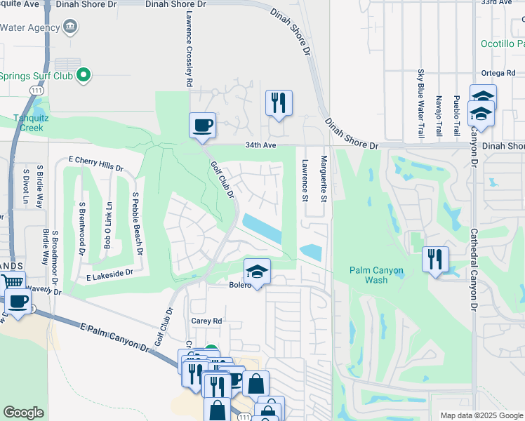 map of restaurants, bars, coffee shops, grocery stores, and more near 6117 Arroyo Road in Palm Springs