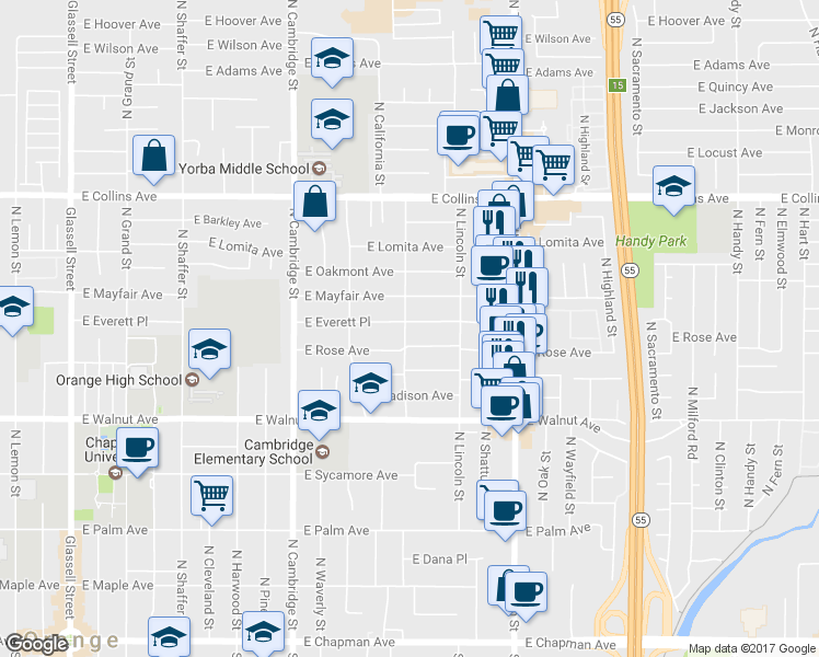 map of restaurants, bars, coffee shops, grocery stores, and more near 1306 East Everett Place in Orange