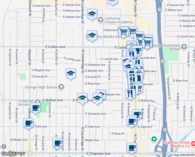 map of restaurants, bars, coffee shops, grocery stores, and more near 1124 East Everett Place in Orange