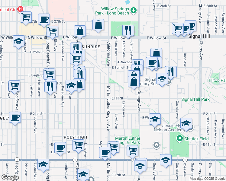 map of restaurants, bars, coffee shops, grocery stores, and more near 2283 Lewis Avenue in Long Beach