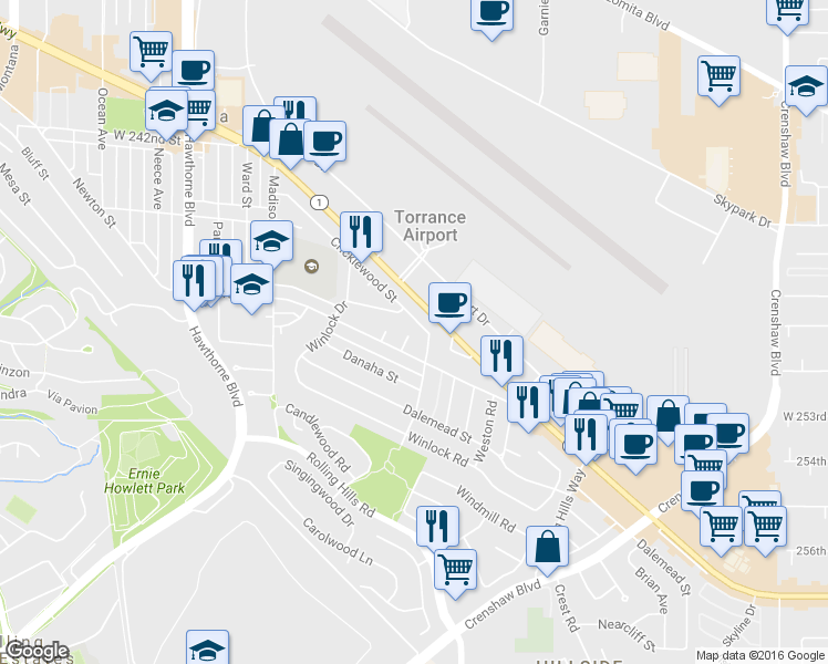 map of restaurants, bars, coffee shops, grocery stores, and more near 24804 Glencoe Way in Torrance