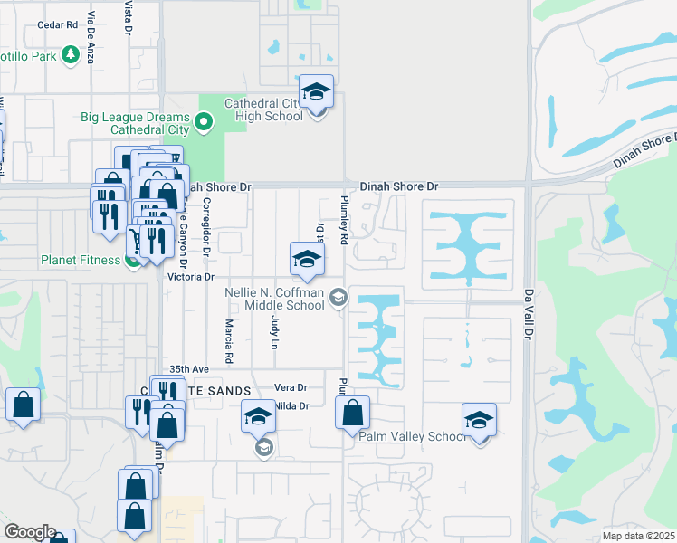 map of restaurants, bars, coffee shops, grocery stores, and more near 69480 Victoria Drive in Cathedral City