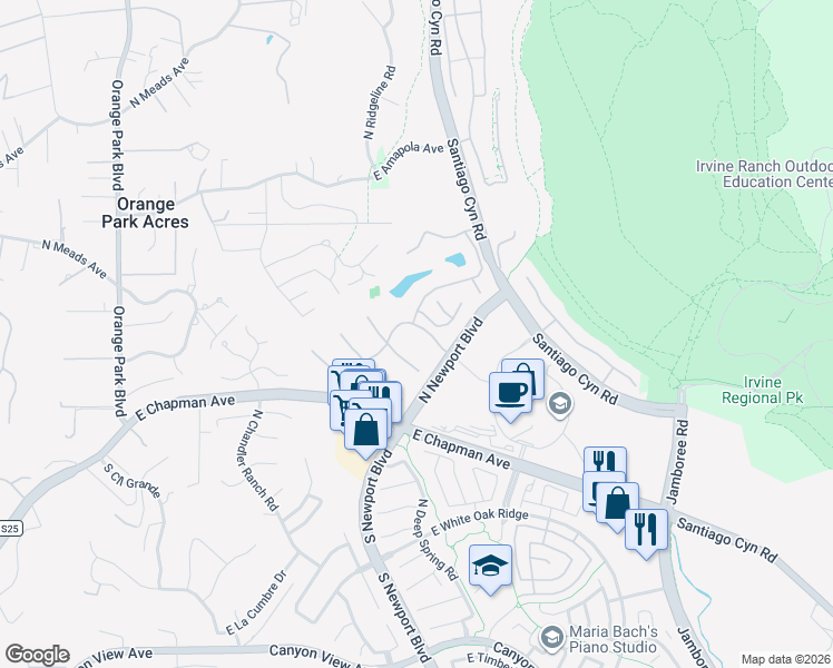 map of restaurants, bars, coffee shops, grocery stores, and more near 7808 East Broadmoor Trail in Orange
