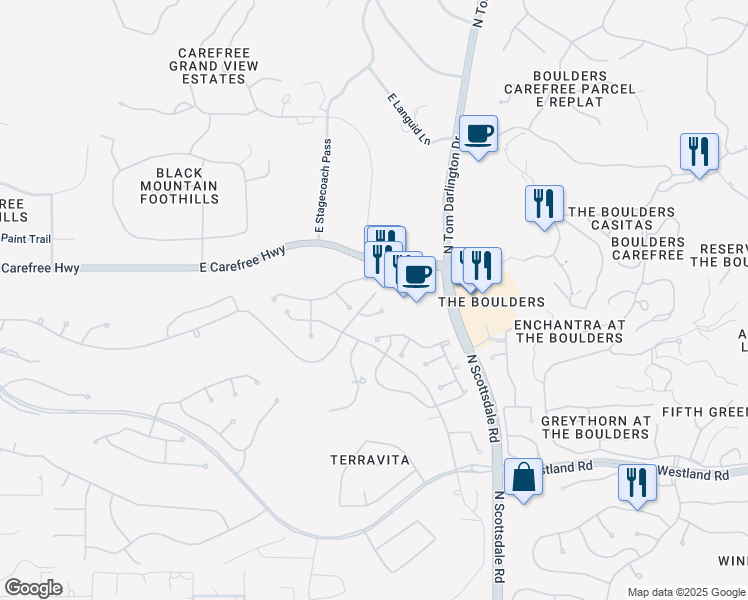 map of restaurants, bars, coffee shops, grocery stores, and more near 6950 East Purple Shade Circle in Scottsdale