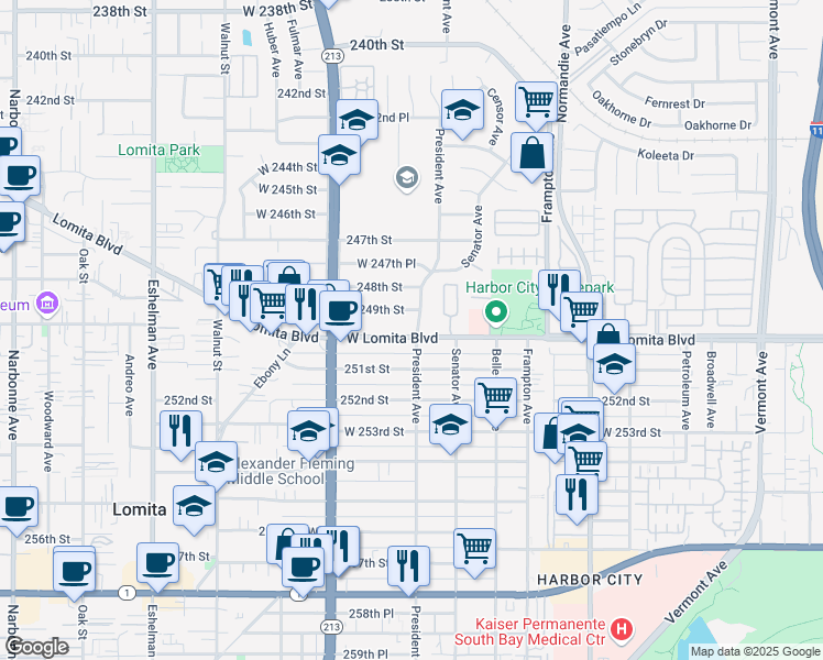 map of restaurants, bars, coffee shops, grocery stores, and more near 1601 West Lomita Boulevard in Los Angeles