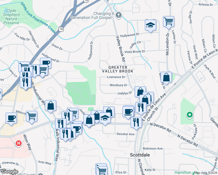 map of restaurants, bars, coffee shops, grocery stores, and more near 2949 Westbury Drive in Decatur