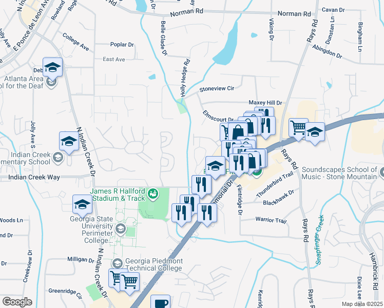 map of restaurants, bars, coffee shops, grocery stores, and more near 6621 Old Singleton Lane in Clarkston