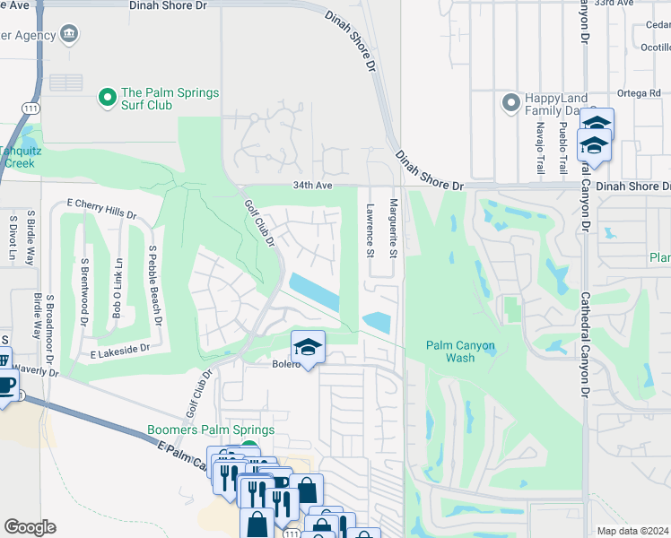 map of restaurants, bars, coffee shops, grocery stores, and more near 6181 Arroyo Road in Palm Springs