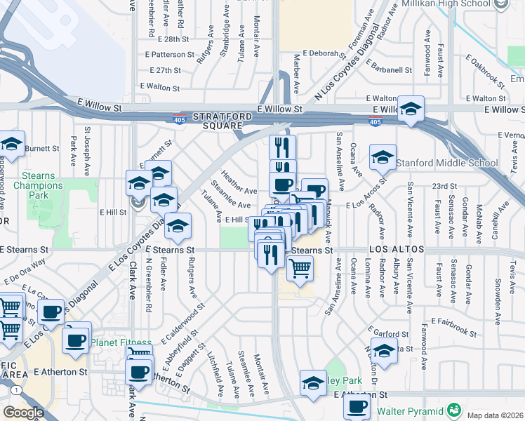 map of restaurants, bars, coffee shops, grocery stores, and more near 2248 Montair Avenue in Long Beach