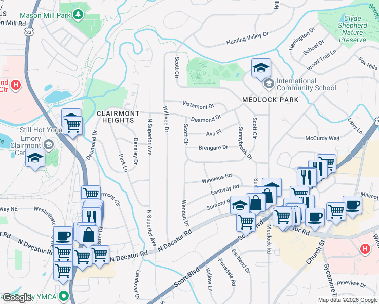 map of restaurants, bars, coffee shops, grocery stores, and more near 572 Scott Circle in Decatur