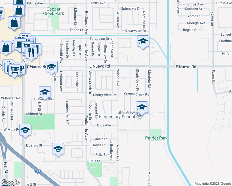 map of restaurants, bars, coffee shops, grocery stores, and more near 1432 Wilson Avenue in Perris
