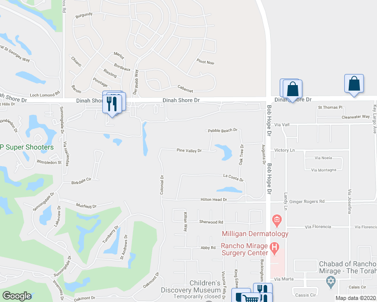 map of restaurants, bars, coffee shops, grocery stores, and more near Pine Valley Drive in Rancho Mirage