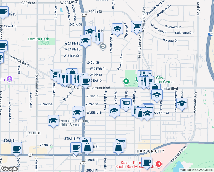 map of restaurants, bars, coffee shops, grocery stores, and more near 1535 Lomita Boulevard in Los Angeles