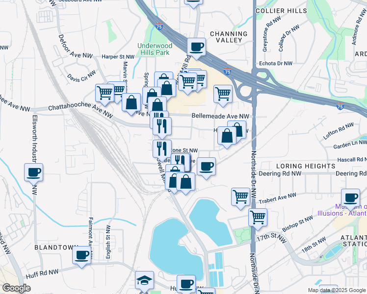 map of restaurants, bars, coffee shops, grocery stores, and more near 777 Antone Street Northwest in Atlanta