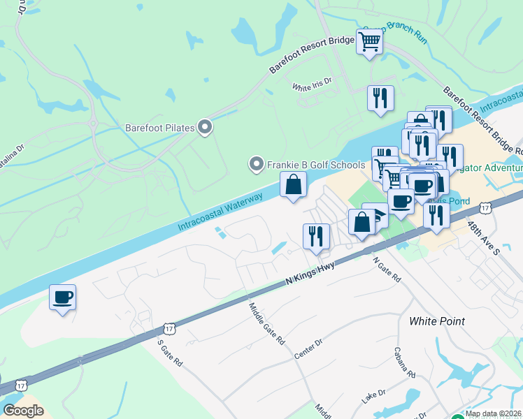 map of restaurants, bars, coffee shops, grocery stores, and more near 1042 Waterway Lane in Myrtle Beach