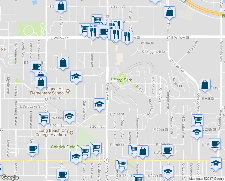 map of restaurants, bars, coffee shops, grocery stores, and more near 2298 Saint Louis Avenue in Signal Hill