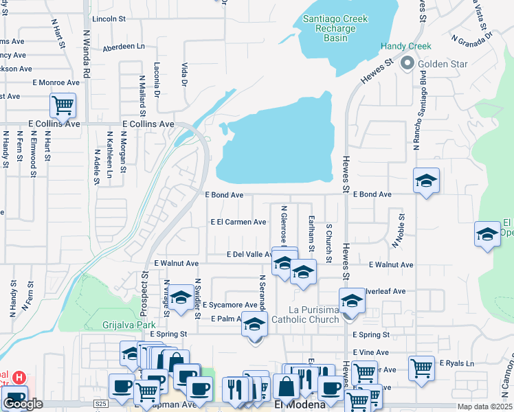 map of restaurants, bars, coffee shops, grocery stores, and more near 663 North Rick Street in Orange