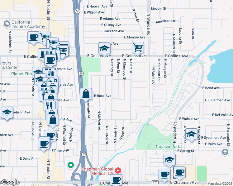 map of restaurants, bars, coffee shops, grocery stores, and more near 670 North Fern Street in Orange