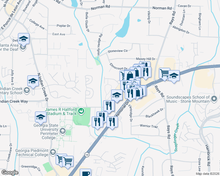 map of restaurants, bars, coffee shops, grocery stores, and more near 6638 Old Hampton Drive in Clarkston